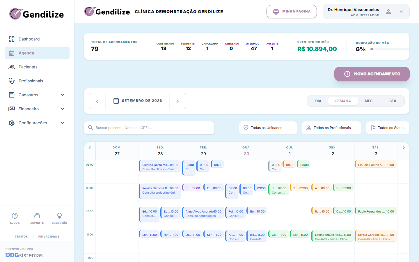 Agenda semanal do Gendilize com os atendimentos da clínica